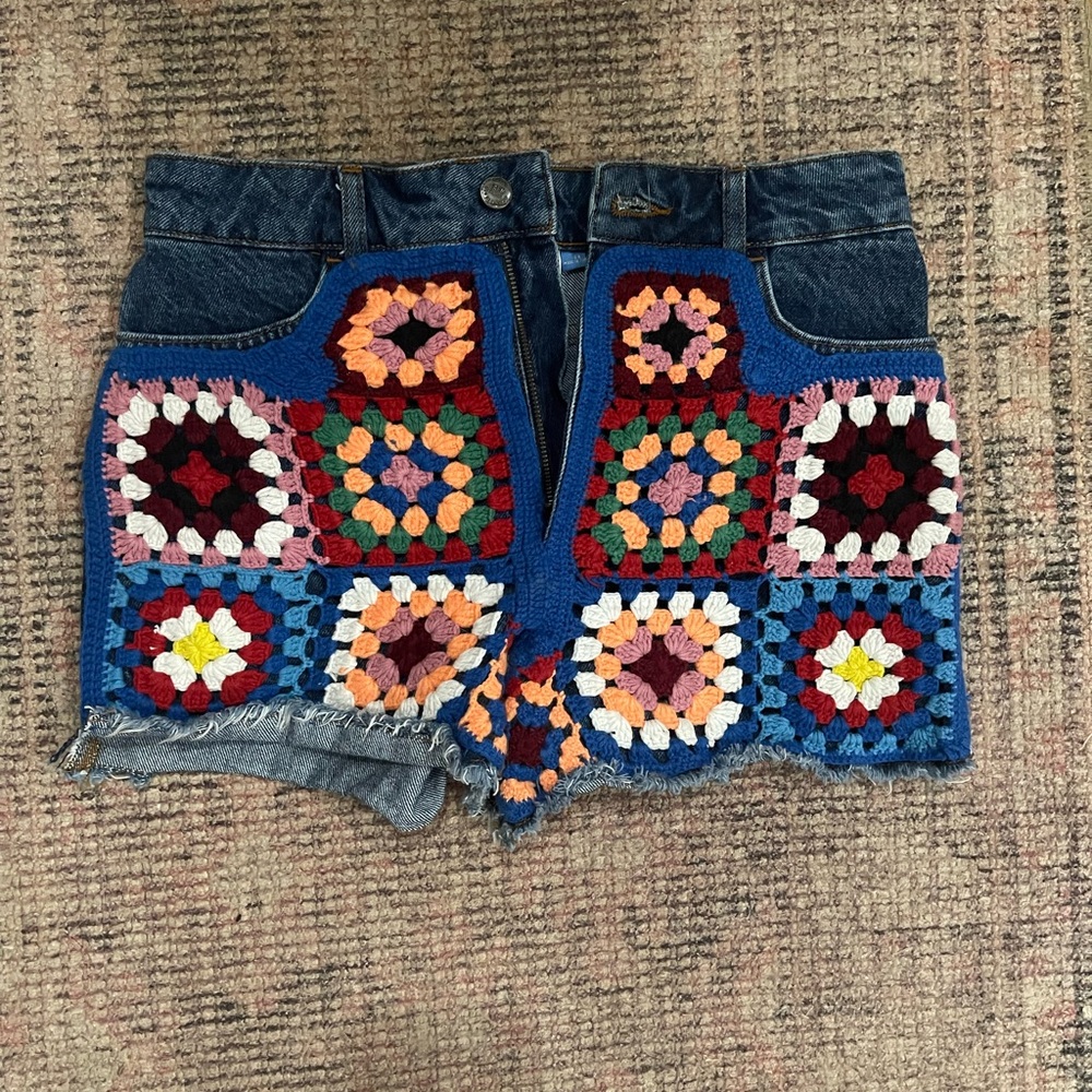 Farm Rio Colorful Crochet Patchwork Denim Shorts